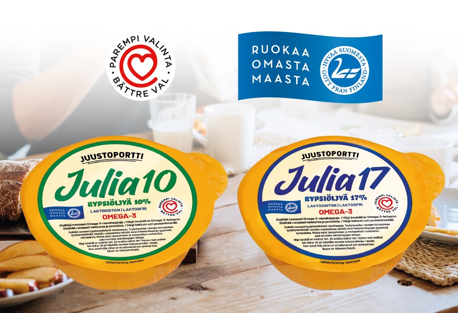 Höylättävät Julia-tuotteet ovat arjen parempia valintoja. Sydänmerkillä varustetut Juliat valmistetaan suomalaisesta maidosta ja rypsiöljystä. Pehmeät Juliat maistuvat sellaisenaan, sillä niitä voi höylätä leivän päälle tai käyttää lämpimissä ruuissa kuorrutteena.