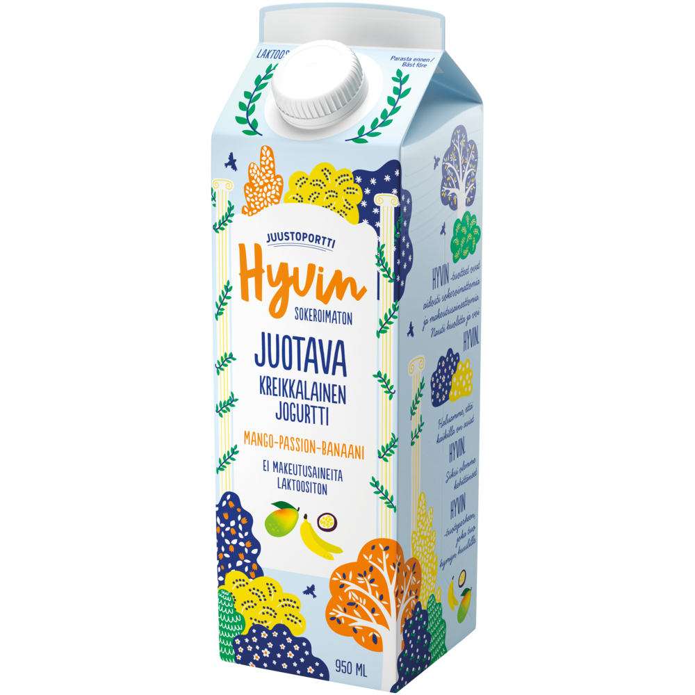 Juustoportti Hyvin kreikkalainen juotava jogurtti 950 ml mango-passion-banaani laktoositon